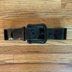 RARE Vintage Y2K Marciano Shiny Leather Belt HUGE buckle Size M/L